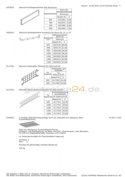 EINHÄNGEVERBINDUNG NORM 20 für Regaltiefe: 600 mm