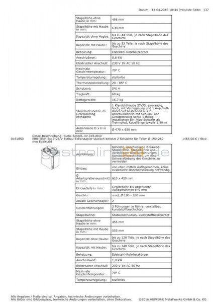 EINBAU-TELLERSTAPLER BEHEIZT Typ: EBRH-2/V-19-26