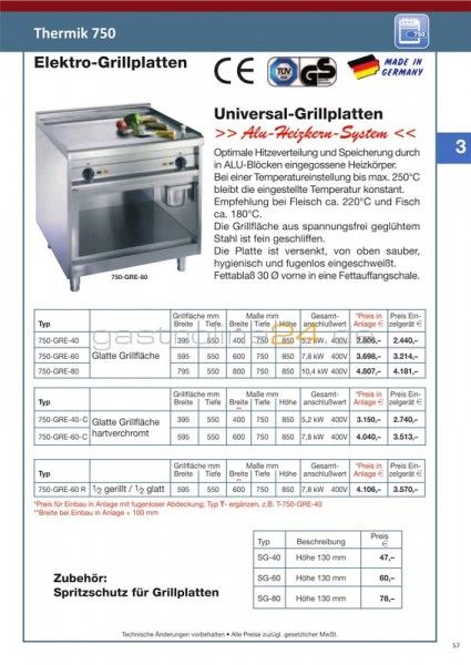 ELEKTRO-GRIDDLEPLATTE Typ: 750-GRE-60-C