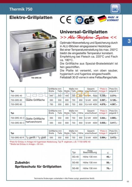 ELEKTRO-GRIDDLEPLATTE Typ: T-750-GRE-60-R