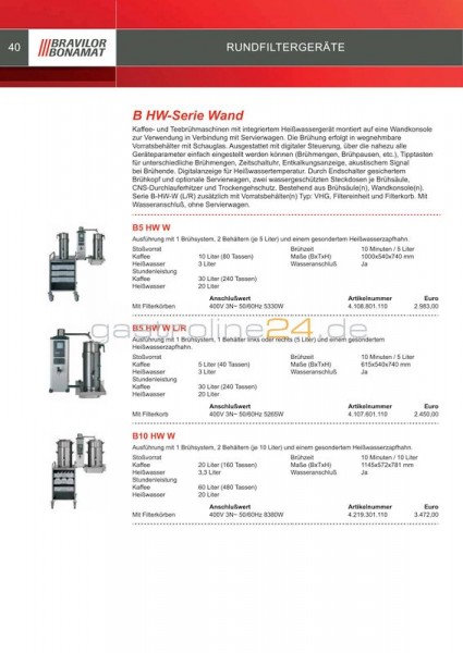 KAFFEE-/TEEBRÜHANLAGE Typ: B5-HW-W-L/R